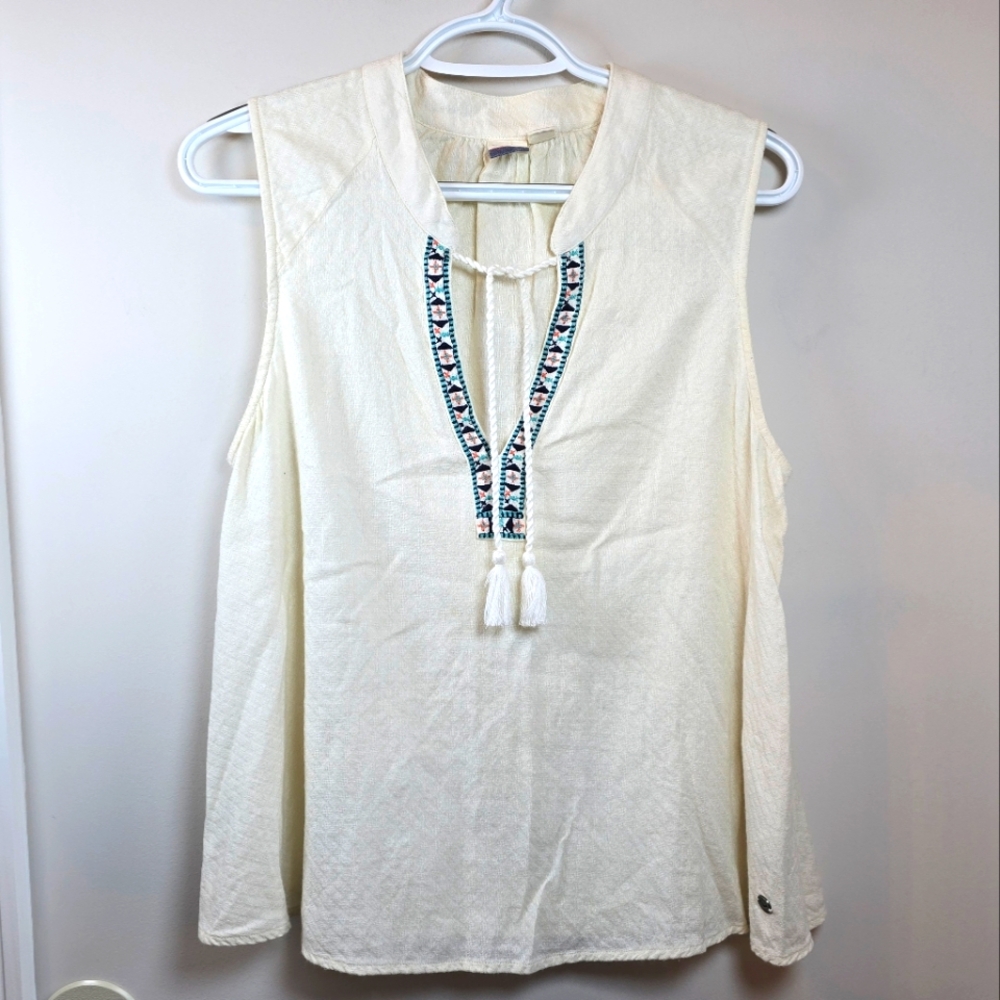 Roxy Boho Embroidered Cream Sleeveless Top Size Small